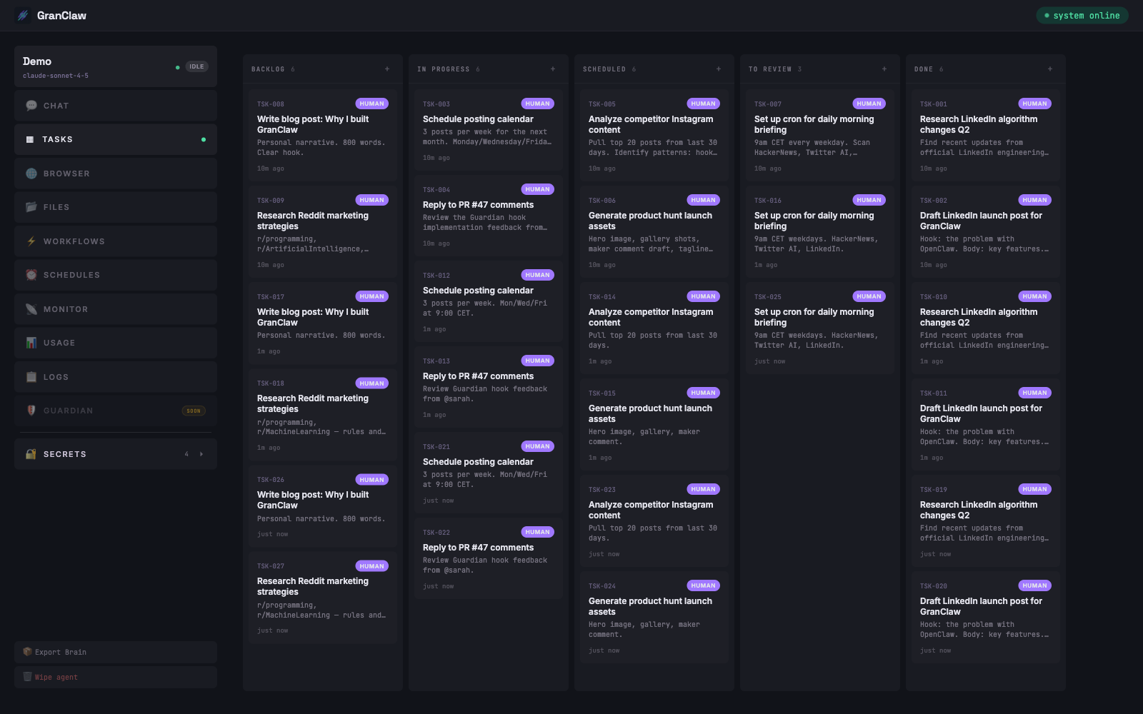 GranClaw Mission Control — kanban board with agent-created tasks
